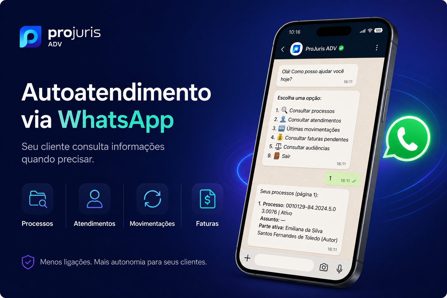 Cliente consultando processos e faturas pelo WhatsApp do Projuris ADV
